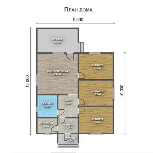 Одноэтажный дом с двухскатной крышей К1-9