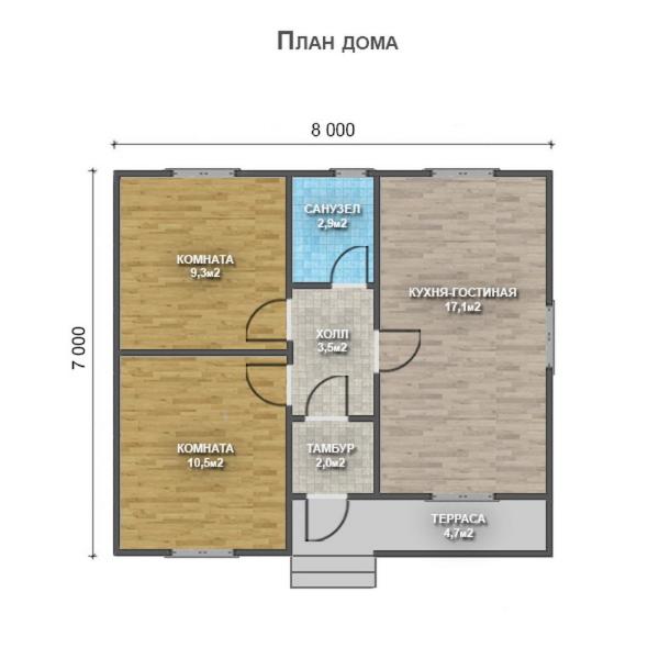 Одноэтажный дом с двухскатной крышей К1-8